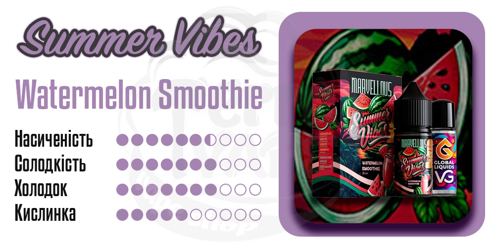 Характеристики смаку Marvellous Summer Vibes Salt Watermelon Smoothie 15ml 50mg